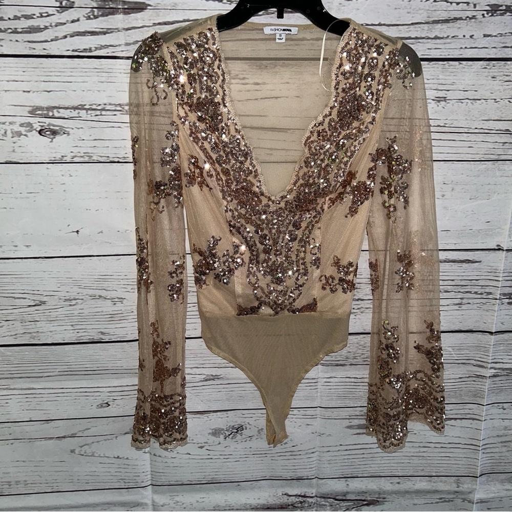 Fashion Nova Cream Tan Sequin Embellished Bodysuit